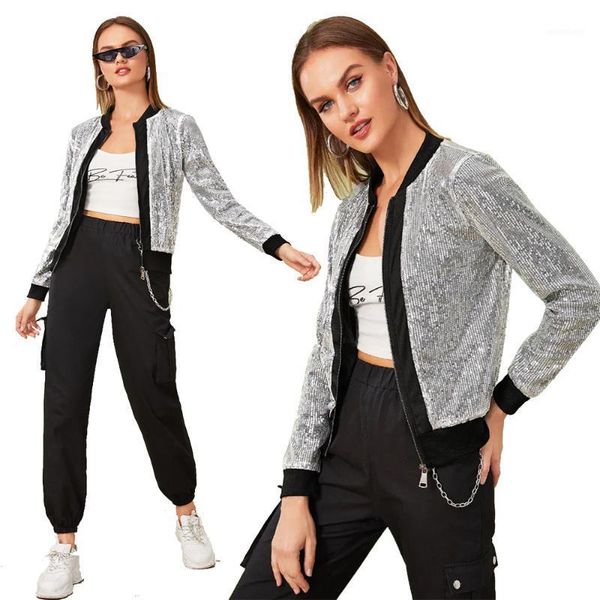

women's fashion casual silver sequin jacket1, Black;brown