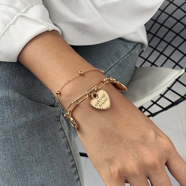 

link, chain punk fashion ladies bracelets women's costume jewelry love heart alloy double bracelet gifts for women aesthetic girl, Black