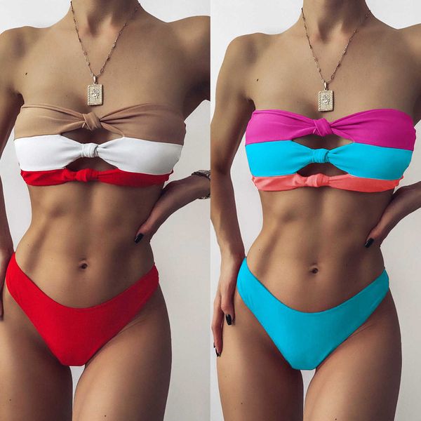 

2021 women swimwear solid patchwork two-piece swimsuit swimming beachwear women's swimsuits bikini set, White;black
