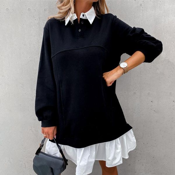 

autumn casual long sleeve loose sweatshirt dress women 2021 winter black buttons patchwork woman dresses for women long, Black;gray