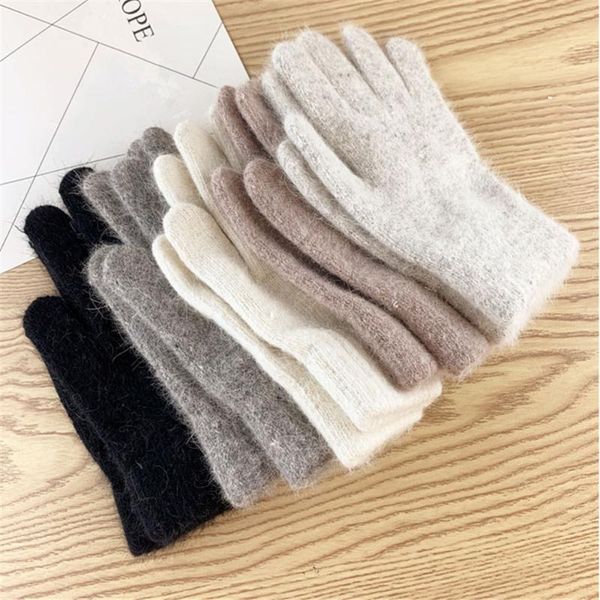 

five fingers gloves imitation hair female korean version solid color full women mittens girls winter riding, Blue;gray