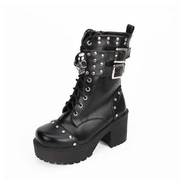 

boots steampunk women leather high heels rivets lolita girls shoes punk skull winter black thick bottom with buckles1