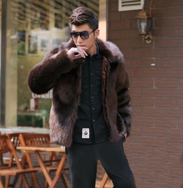 

men's fur & faux winter coat men imitation turm-down collar jackets fashion casual brown outwears d523, Black