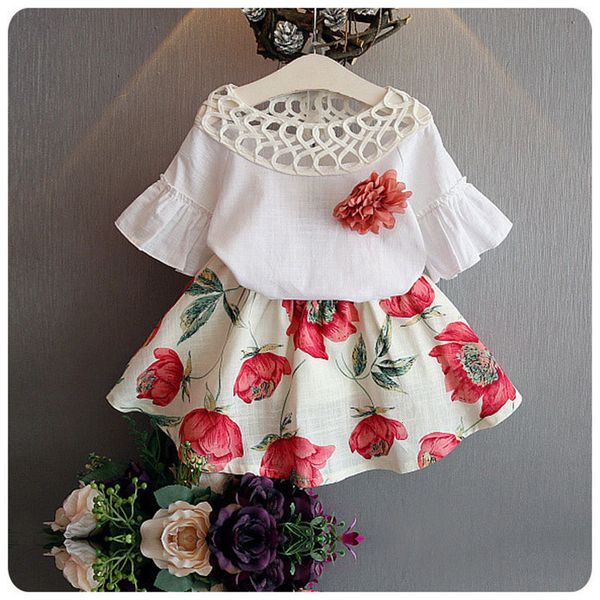 

2021 kids baby clothing sets new summer floral printed flare sleeve t-shirts+skirt 2pcs/set girls clothes 75ps, White