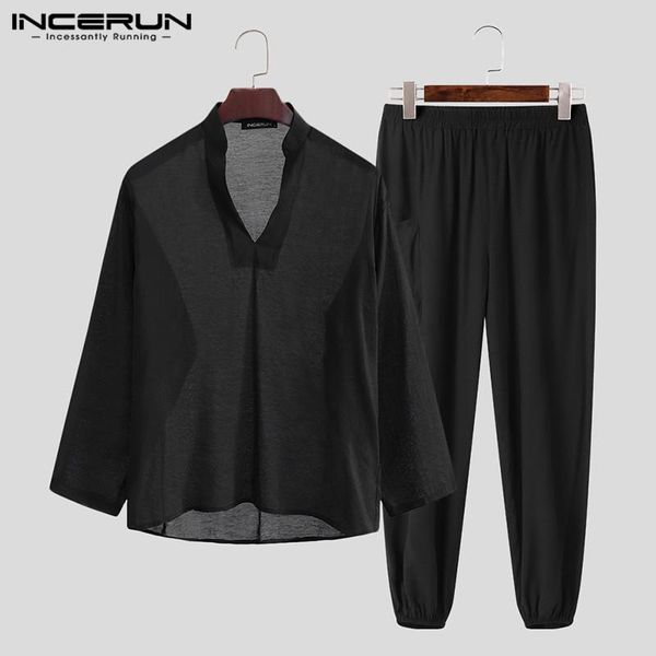 

men solid sets incerun long sleeve v neck elastic waist pants 2 pieces man vintage casual suit autumn loose thin sets s-5xl, Gray