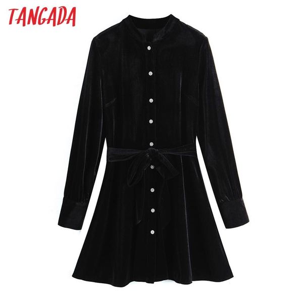 

tangada women black velvet dress with slash long sleeve beading buttons females mini dresses vestidos sl151, Black;gray