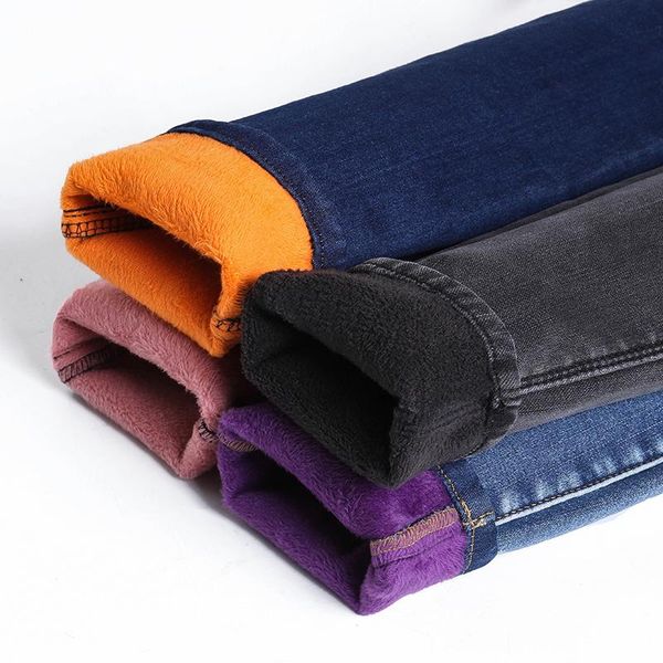 

women's jeans 2021 women stretch high waist winter plush warm oversized denim lady plus size skinny pants students pencil trousers, Blue