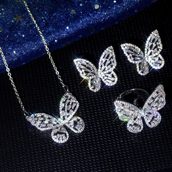 

butterfly choker pendant necklace cubic zircon earrings rings set bling cz vintage animal charm statement jewelry sets bijoux for women girl, Silver