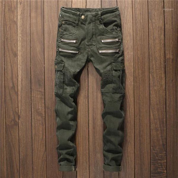 

men multi zippers denim jeans straight slim male jeans pants fashion full length casual punk style men ripped army green1, Blue