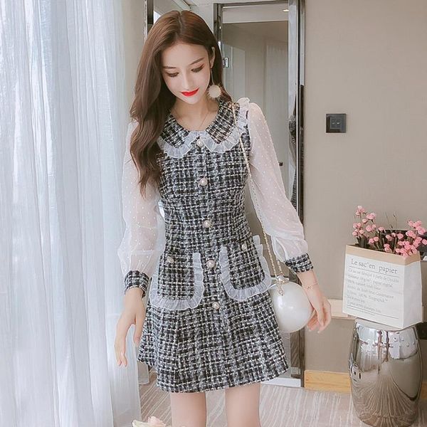 

casual dresses fall 2021 french style slim slimming retro long-sleeved mori dress a-line female plaid short, Black;gray