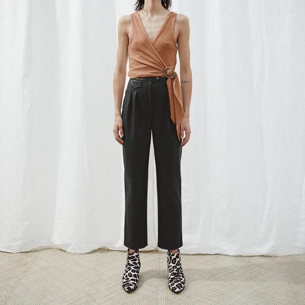 

spring autumn new style fashion classic trendy brand easy commute versatile leather fold design pipe straight pants1, Black;white