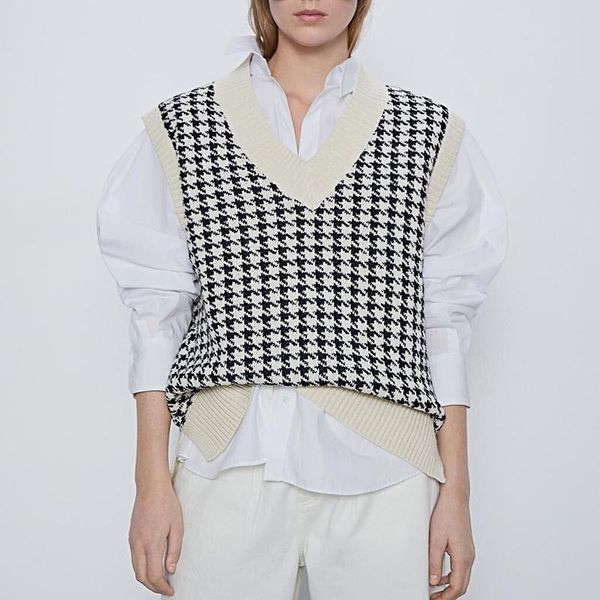 

zity women fashion oversized knitted vest sweater v neck sleeveless houndstooth loose female waistcoat chic y201128, White;black