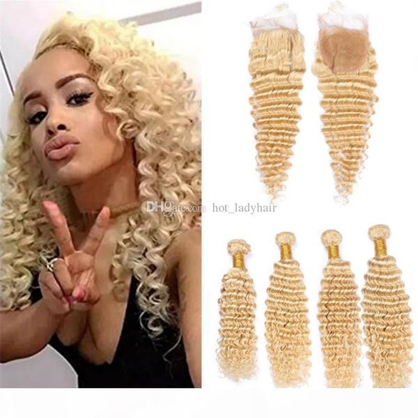 

deep wave curly 613 blonde human hair 4 bundles with lace closure bleach blonde virgin peruvian hair weaves and closure 5pcs lot, Black;brown