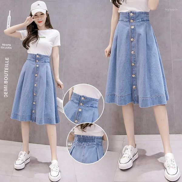 

elegant new 2020 women long denim skirt fashion elastic high waist single breasted korean ladies cotton jeans a-line midi skirt1, Black