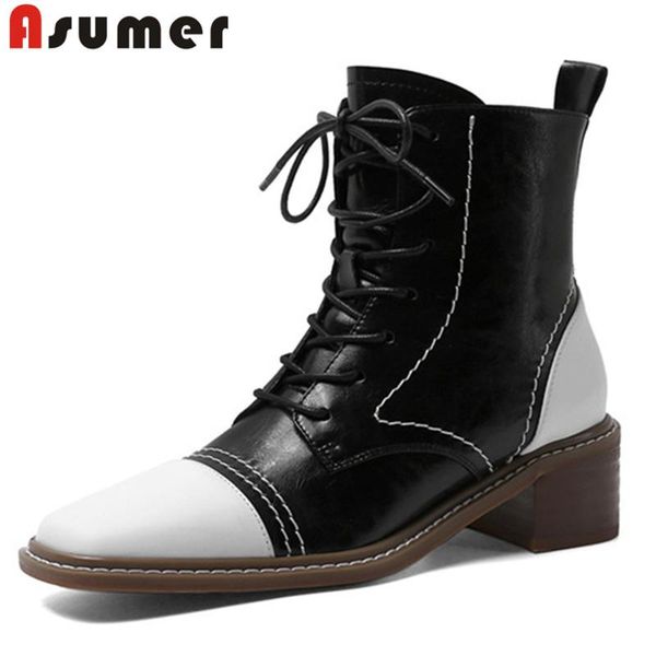 

boots asumer quality genuine leather mixed colors casual shoes women ankle square toe comfortable low heel woman, Black