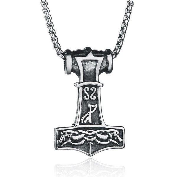 

retro personality titanium steel hammer of thunder pendant necklace nordic viking men punk jewelry sweater chain leather string, Silver