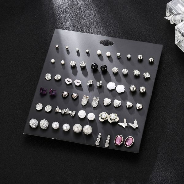 

earrings, geometry, 30 pearl pairs multi-element flower of stud set, alloy square with drill ears, Golden