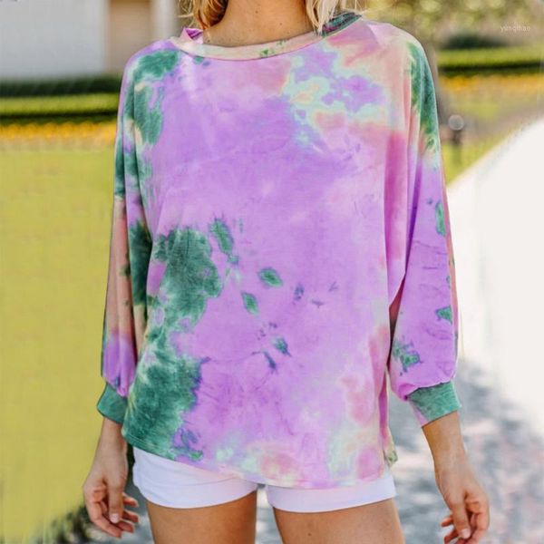 

women's tie-dye printed t-shirt long sleeve pullover o-neck autumn spring casual lady streetwear pullover female tshirt1, White