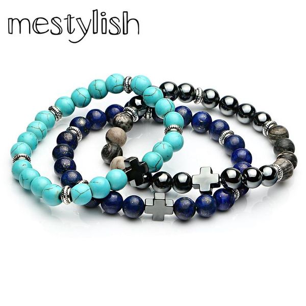 

charm bracelets mestylish 8mm nature hematite and lapis lazuli stone beaded cross bracelet men&women gallstone, Golden;silver