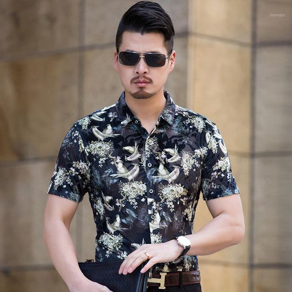 

new summer 2020 male transparent floral shirt mens short sleeve hollow floral clothes see through dress shirts for man1, White;black