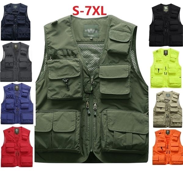 Gilet da pesca Quick Dry Traspirante Multi tasche Gilet in rete Giubbotti senza maniche Scarico Fotografia Gilet da escursionismo Gilet da pesce S-7XL 201126