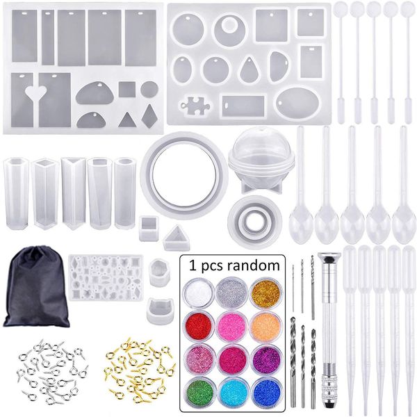 

92 pcs epoxy resin silicone molds diy jewelry craft including glitter powder keychain dril tools set