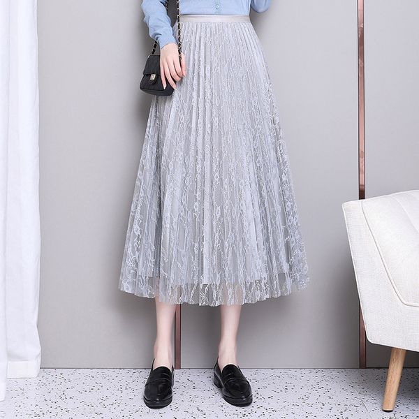 

2020 autumn new korean elastic high waist slimming simple pure color lace fashion double-sided women pleated skirt y1214, Black