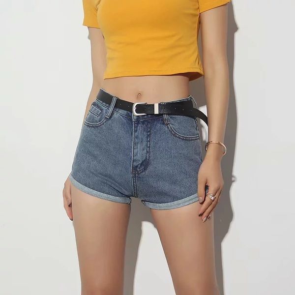

chic basic high waist wide leg curled jeans shorts pants with belt, Blue