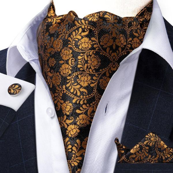 Laço lanche lúculo dourado preto de seda floral Cravat Ascot Scrunch Trey Auto -Trey Men Men Vintage Pocket Square para festa de casamento DiBangu1