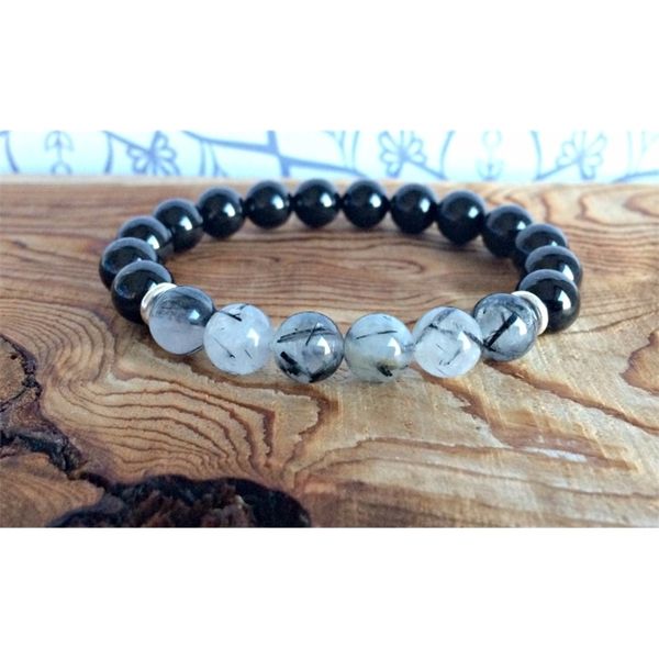

black tourmaline & quartz healing bracelet, wrist mala beads, crystals gift, protection + emotional balance + anxiety relief y200730