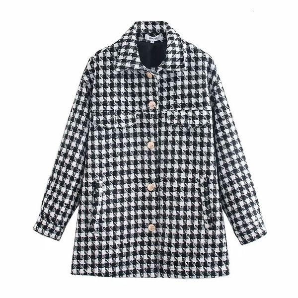 

2021 new vintage stylish pockets oversized houndstooth side pocket jacket coat women fashion lapel collar long sleeve loose chic top, Black