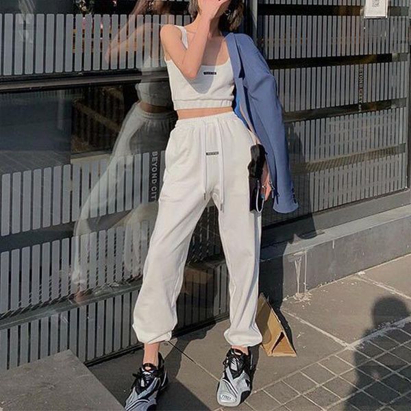 

women high waist drawstring jogger pants sets letter print tube loose casual pants two piece sets fashion streetwear suits, Gray