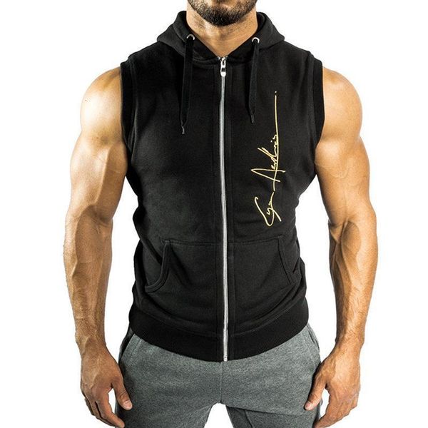 

men fitness bodybuilding sleeveless hoodie sweatshirt male gyms cotton hooded vest casual fashion brand sportswear clothing, Black