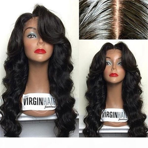 

glueless lace front wigs with baby hair full body wave remy hair pre plucked brazilian wigs natural hairline, Black;brown