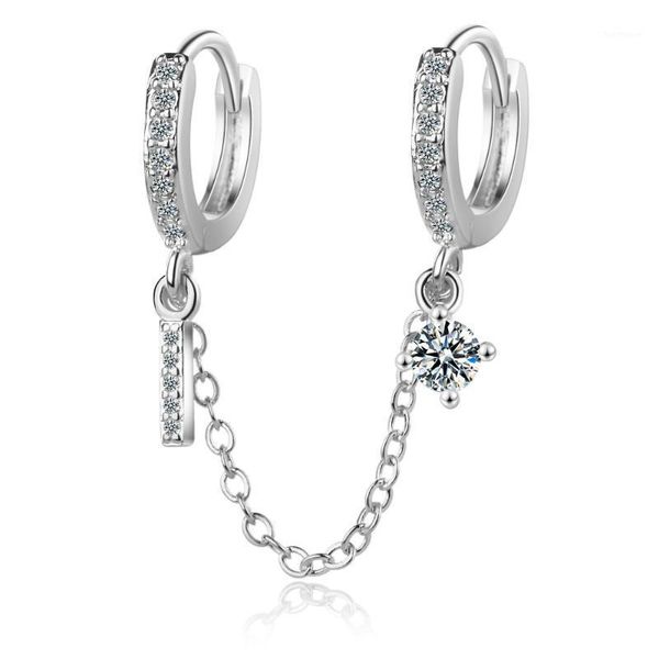 

1pc punk style double ear hole clear cubic zirconia 925 sterling silver tassel hoop earrings for women girl party gifts1, Golden;silver