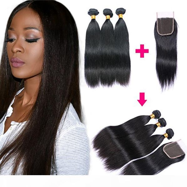 

brazilian straight virgin hair weaves 3 bundles with lace closures 8a grade unprocessed malaysian peruvian indian cambodian remy human hair, Black;brown