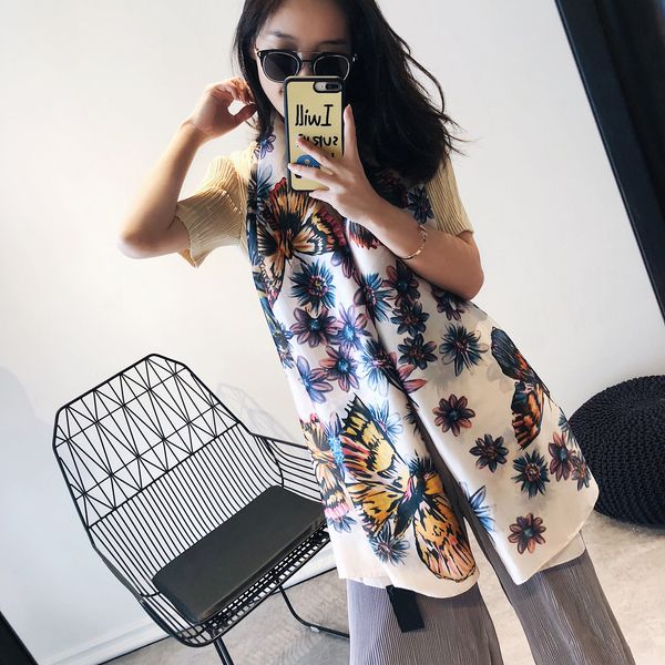 

spring and summer new silk scarf new silk satin bow printed long scarf scarf women imitation silk air conditioning shawl klwe, Black;purple