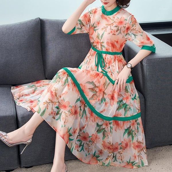 

2020 new arrival plus size s-3xl elegant ruffle o-neck flower printed half sleeve elastic waist office a-line chiffon dress1, Black;gray