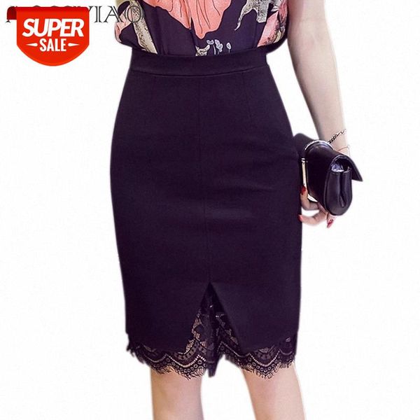 

lace patchwork stretchy slim office skirt faldas mujer women 5xl plus size high waist step pencil skirt saias 2020 skirts #e14x, White;black