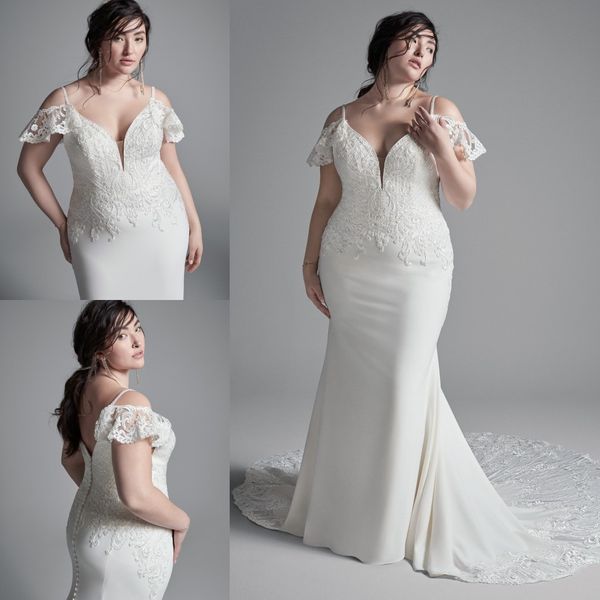 Moda Plus Size Abiti da sposa a sirena in pizzo Sheer Scollo profondo Bottoni ricoperti Abiti da sposa posteriori Sweep Train robe de mari￩e