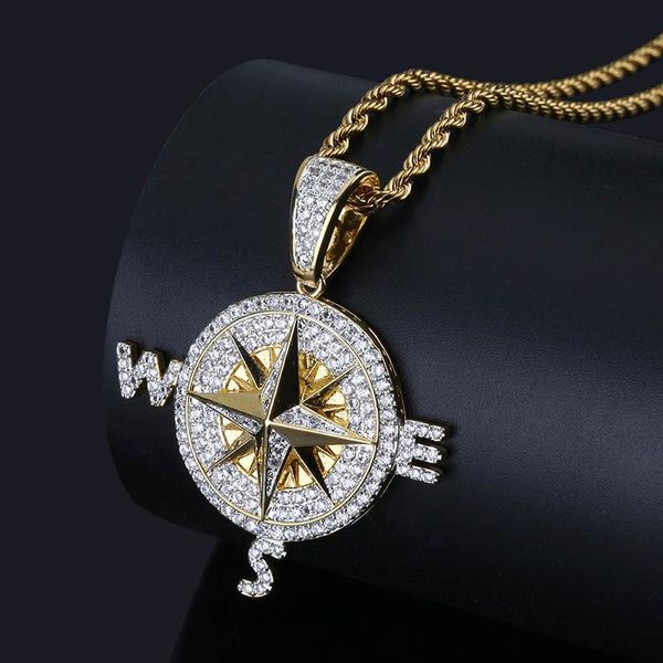 

d&z personality shiny compass pendant cubic zircon stones necklace for men hip hop jewelry accessories, Silver