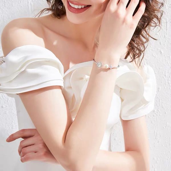 

sterling high s925 end silver luxury anti allergy lady star bangle natural fresh water pearl and fritillaria shining fre, Golden;silver