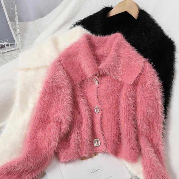 

women knitted mohair short sweaters cardigans lady knitting soft winter cardigan outwear crop for female, White