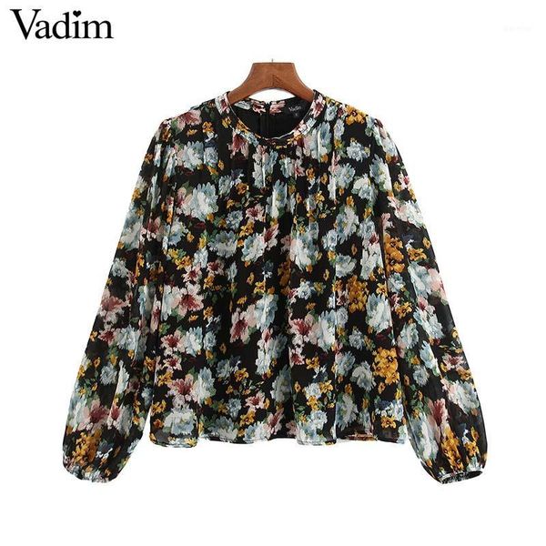

vadim women chic floral pattern print blouse chiffon back zipper long sleeve shirt female stylish casual wear blusas lb7941, White