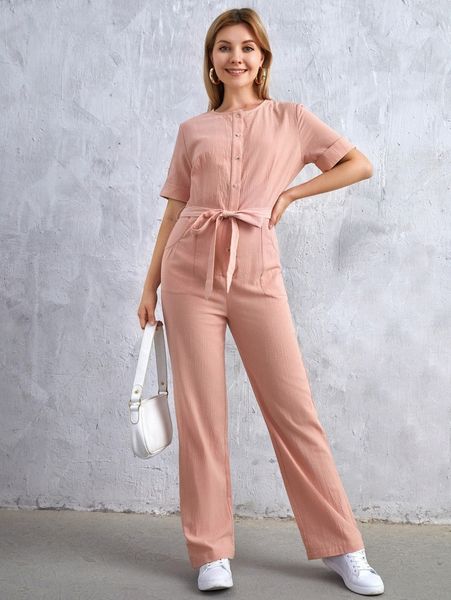

roll up sleeve slant pockets belted jumpsuit c4ez#, White