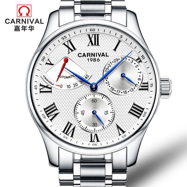 

carnival busines automatic watch men full steel mechanical watches waterproof wristwatch coated glass clock relogio masculino, Slivery;brown