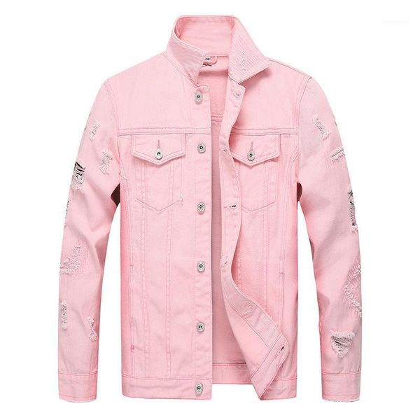 

mcikkny men ripped jacket and coats slim fit casual hole jeans jacket punk style motorcycle outwear clothing red black pink1, Black;brown