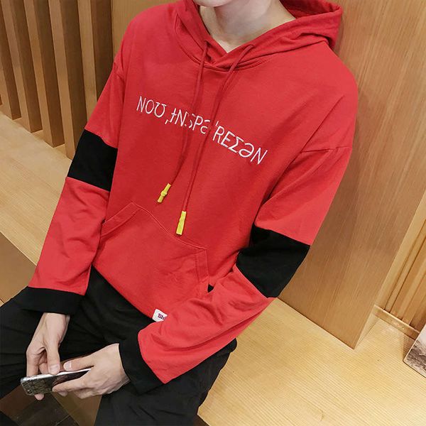 

18 autumn lovers hooded sweater loose embroidery color matching korean fashion men's casual clothes, Gray