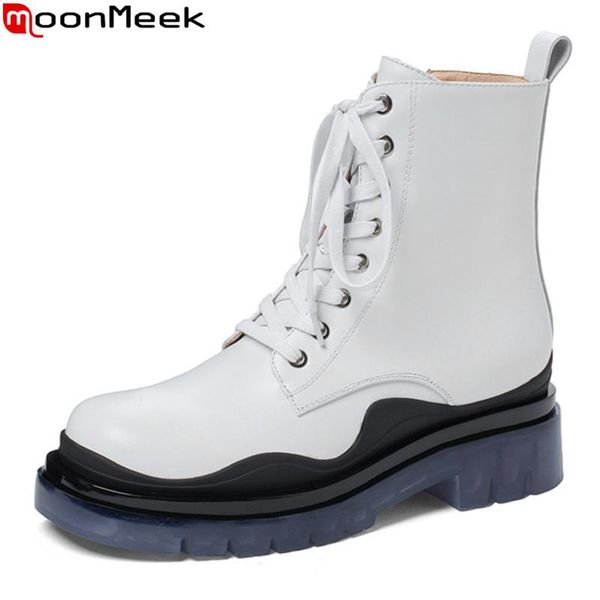 

boots moonmeek 2021 genuine leather fashion lace up mixed colors ladies shoes med heels square toe ankle for woman, Black