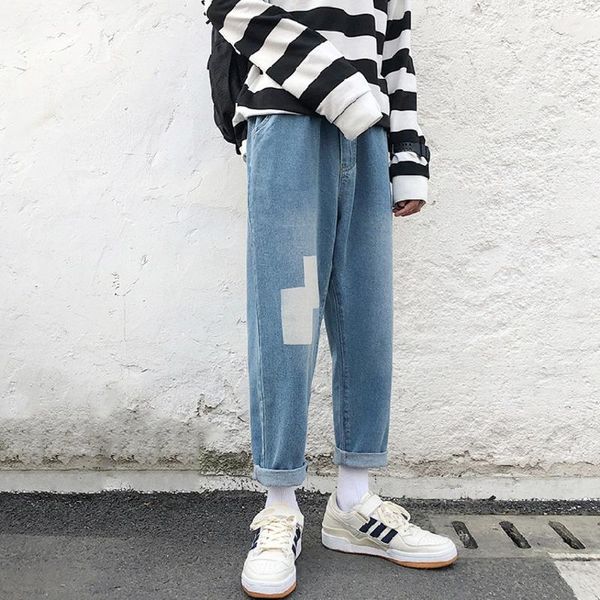 

autumn new jeans men fashion wash casual hole patch denim pants man streetwear wild hip hop loose straight jeans male clothes1, Blue